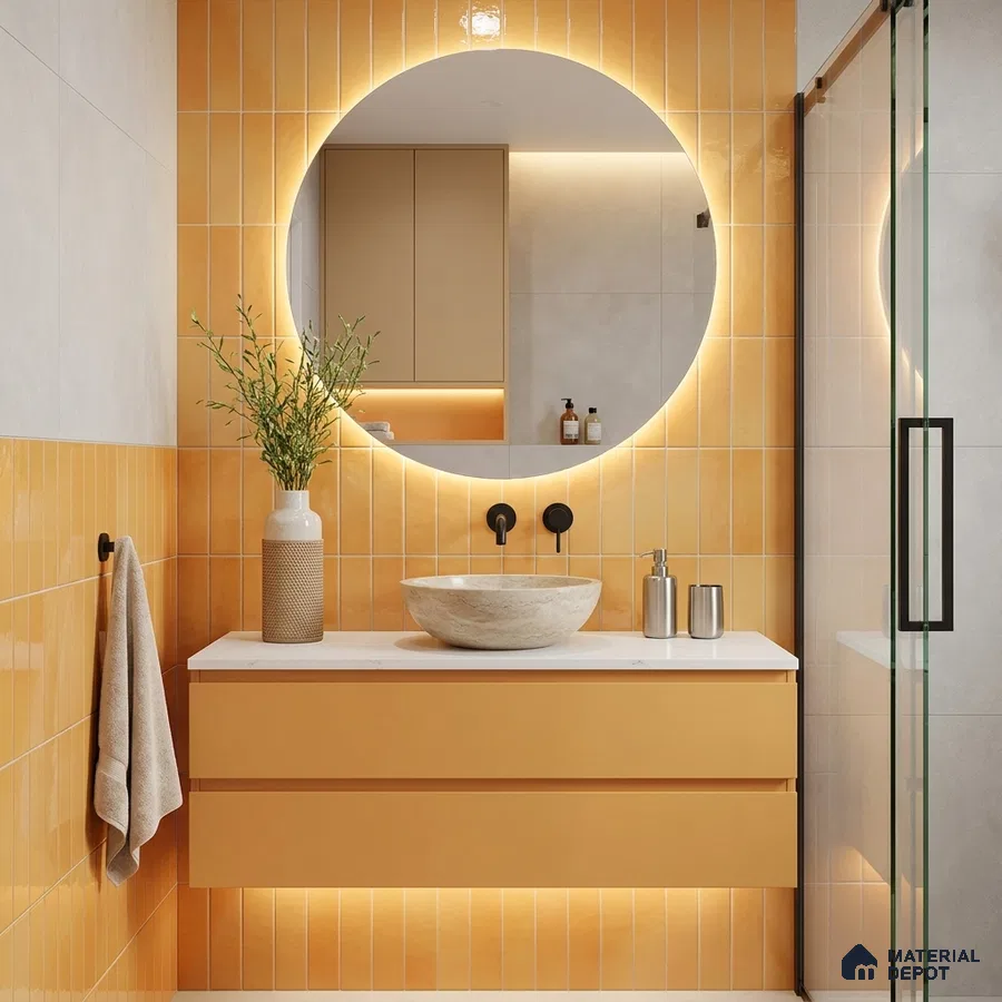 Modern Bathroom with Glossy Buttery Yellow Vertical Subway Tile and Floating Vanity