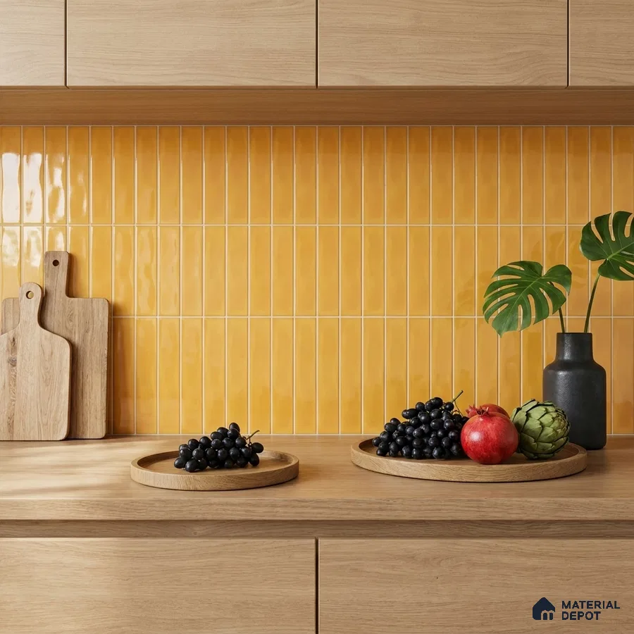 Scandinavian Kitchen with Glossy Buttery Yellow Vertical Subway Backsplash Tile
