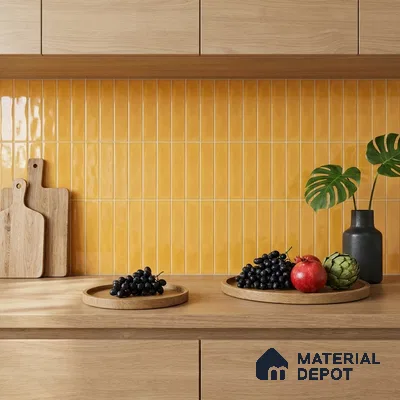 Scandinavian Kitchen with Glossy Buttery Yellow Vertical Subway Backsplash Tile
