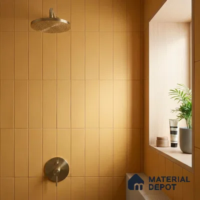 Modern Bathroom with Matte Buttery Yellow Vertical Subway Tile and Wood Niche