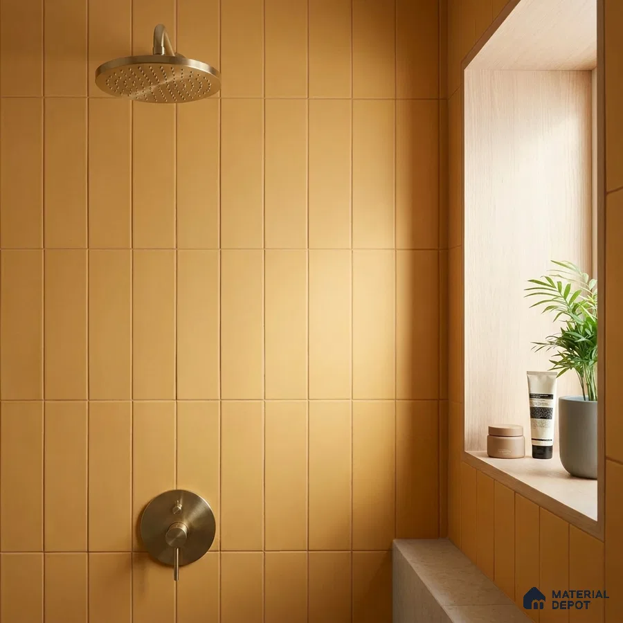 Modern Bathroom with Matte Buttery Yellow Vertical Subway Tile and Wood Niche