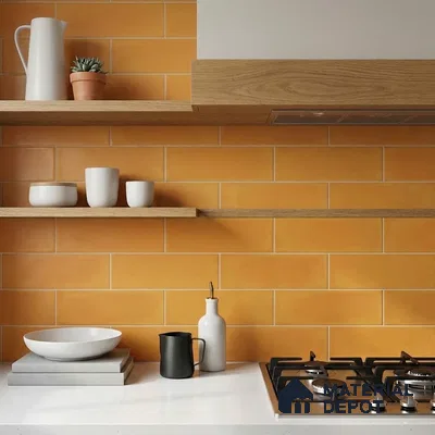 Scandinavian Kitchen with Matte Mustard Yellow Horizontal Subway Backsplash Tile