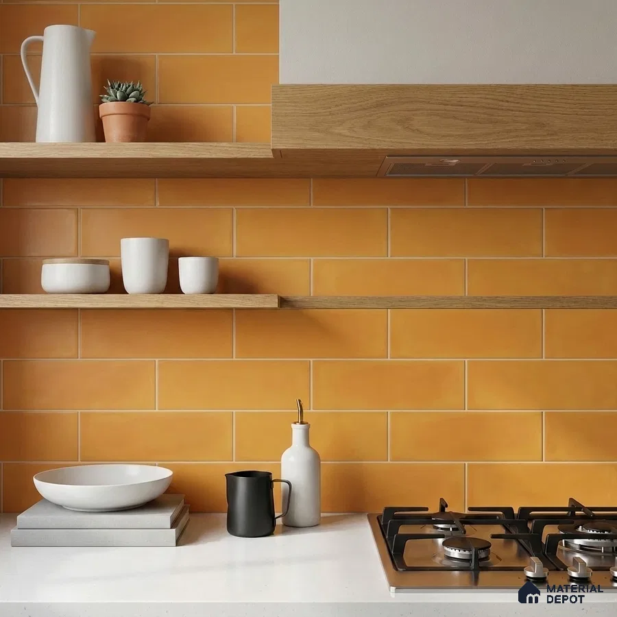 Scandinavian Kitchen with Matte Mustard Yellow Horizontal Subway Backsplash Tile