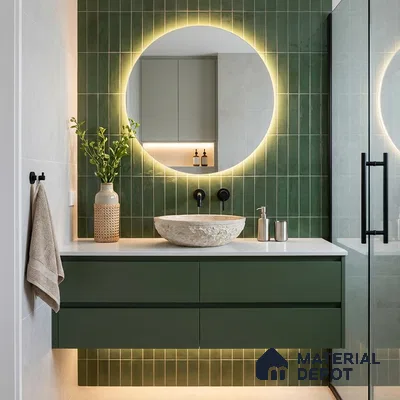 Modern Bathroom with Glossy Deep Green Vertical Subway Tile and Floating Vanity