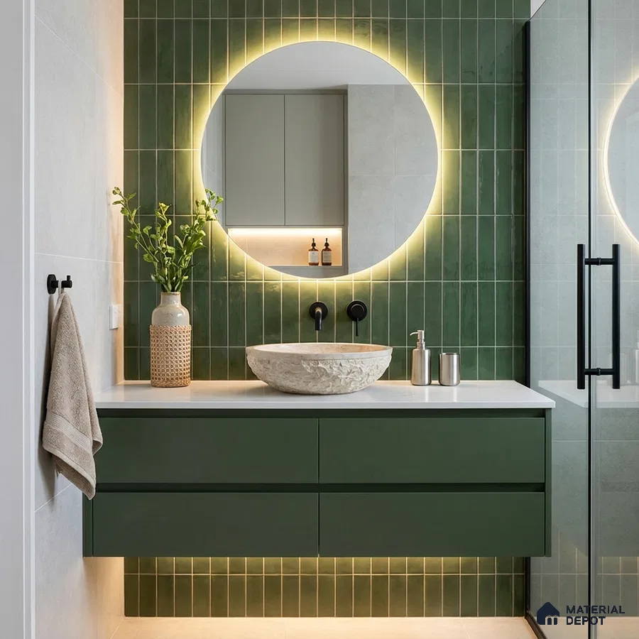 Modern Bathroom with Glossy Deep Green Vertical Subway Tile and Floating Vanity