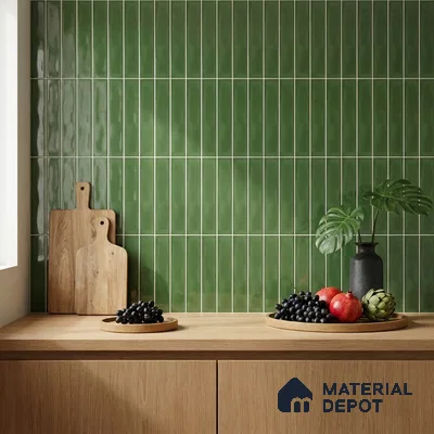 Modern Kitchen with Glossy Deep Green Vertical Subway Backsplash Tile and Oak Counter