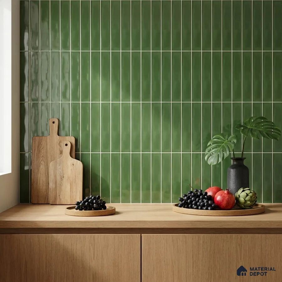 Modern Kitchen with Glossy Deep Green Vertical Subway Backsplash Tile and Oak Counter