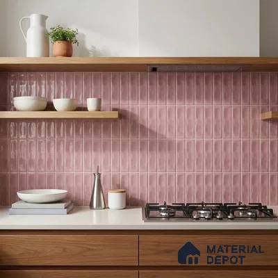 Modern Kitchen with Glossy Dusty Pink Vertical Subway Backsplash Tile and Walnut Cabinets