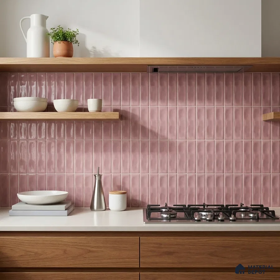 Modern Kitchen with Glossy Dusty Pink Vertical Subway Backsplash Tile and Walnut Cabinets
