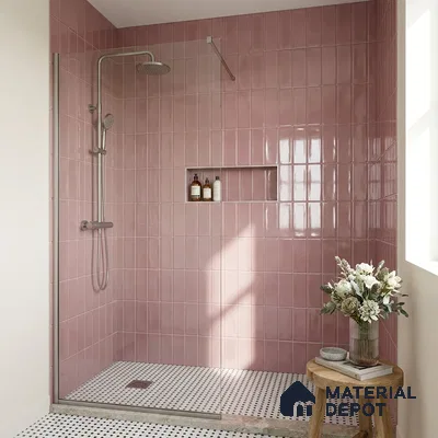 Modern Bathroom with Glossy Dusty Rose Vertical Subway Tile and Mosaic Floor