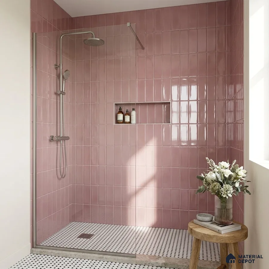 Modern Bathroom with Glossy Dusty Rose Vertical Subway Tile and Mosaic Floor