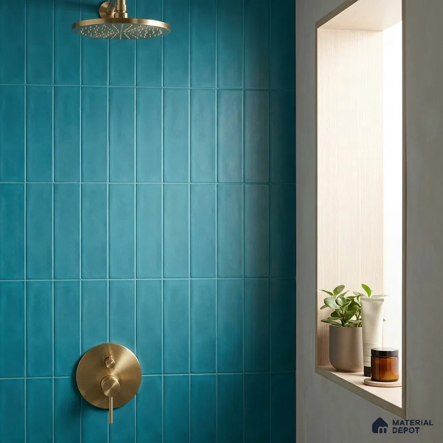 Modern Bathroom with Teal Blue Subway Tile and Brass Fixtures