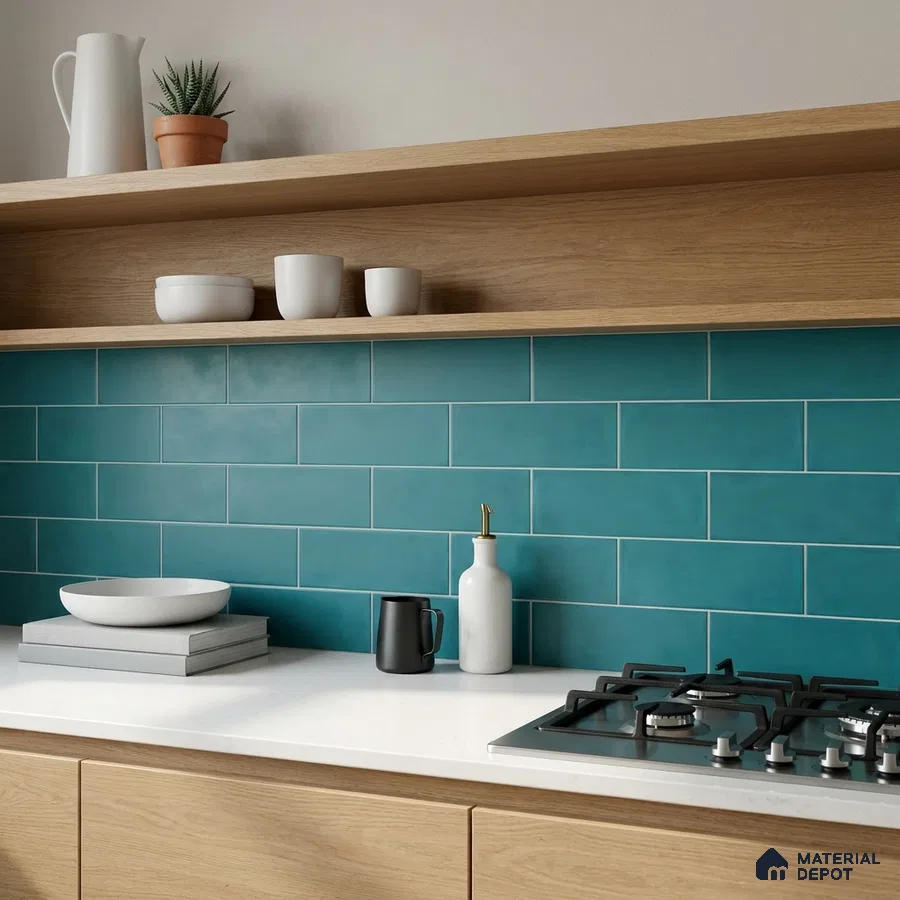 Modern Kitchen with Teal Blue Subway Tile Backsplash and Oak Cabinets