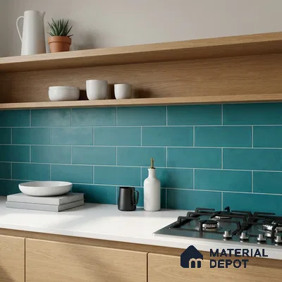 Modern Kitchen with Teal Blue Subway Tile Backsplash and Oak Cabinets