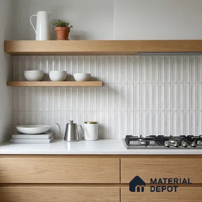Scandinavian Kitchen with Frosty White Subway Tile Backsplash and Oak Cabinets
