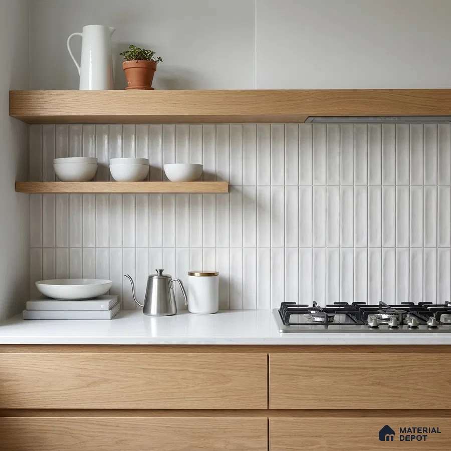 Scandinavian Kitchen with Frosty White Subway Tile Backsplash and Oak Cabinets