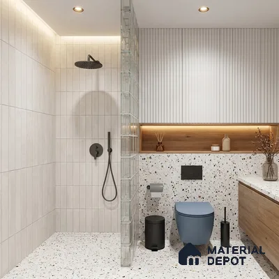 Modern Bathroom with Cream White Subway Tile and Terrazzo