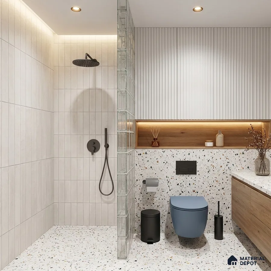 Modern Bathroom with Cream White Subway Tile and Terrazzo