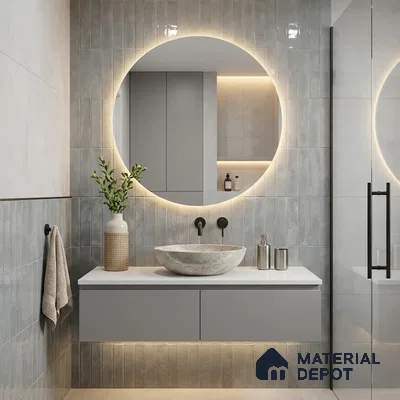 Modern Bathroom with Grey Subway Tile and Round Backlit Mirror