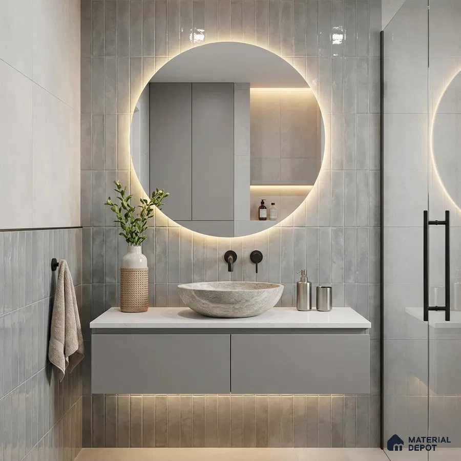 Modern Bathroom with Grey Subway Tile and Round Backlit Mirror
