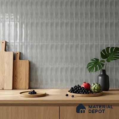 Modern Kitchen with Grey Subway Tile Backsplash and Oak Counter