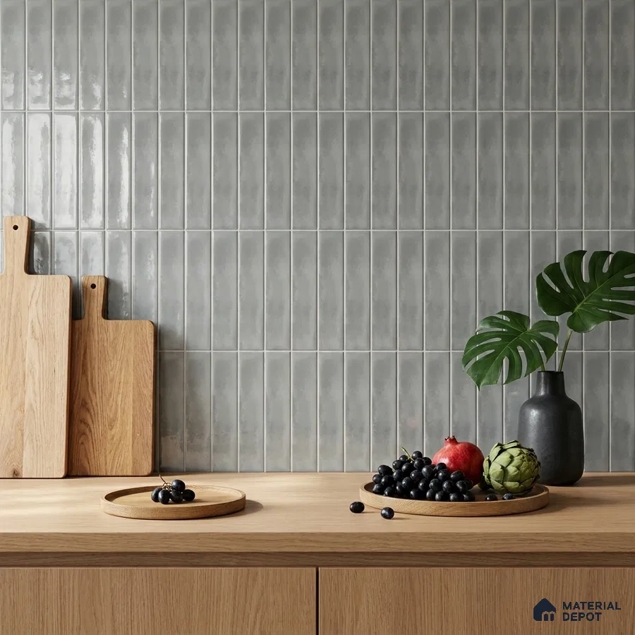 Modern Kitchen with Grey Subway Tile Backsplash and Oak Counter