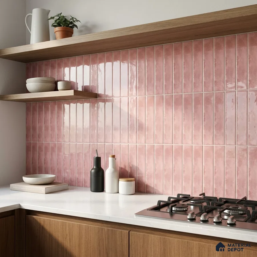 Modern Kitchen with Rose Pink Subway Tile Backsplash and Walnut Cabinets