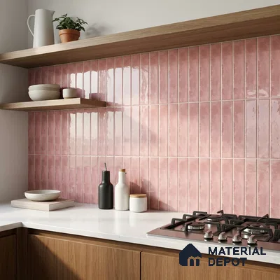 Modern Kitchen with Rose Pink Subway Tile Backsplash and Walnut Cabinets