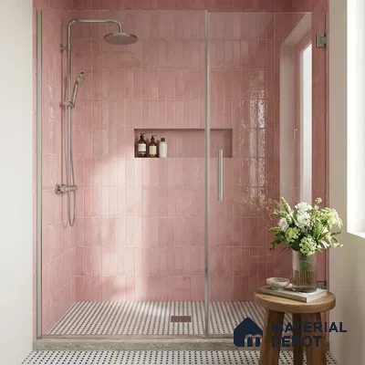 Modern Bathroom with Rose Pink Subway Tile Shower