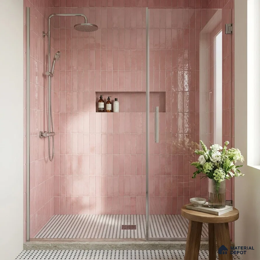 Modern Bathroom with Rose Pink Subway Tile Shower