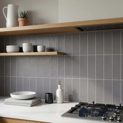 Modern Kitchen with Stormy Grey Subway Tile Backsplash and Oak Shelf