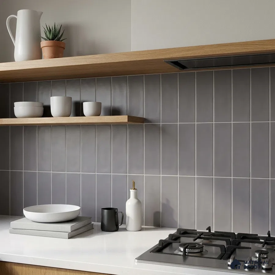 Modern Kitchen with Stormy Grey Subway Tile Backsplash and Oak Shelf