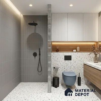 Modern Bathroom with Stormy Grey Subway Tile and Terrazzo