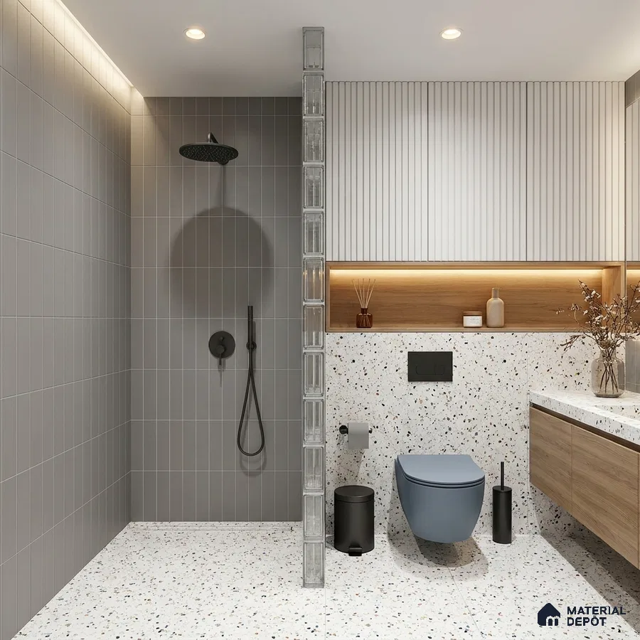 Modern Bathroom with Stormy Grey Subway Tile and Terrazzo