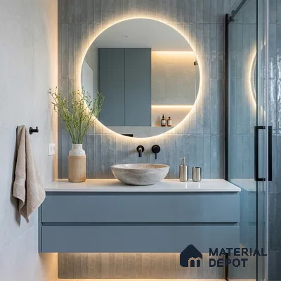 Modern Bathroom with Slate Blue Subway Tile and Round Backlit Mirror