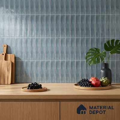 Modern Kitchen with Slate Blue Subway Tile Backsplash and Oak Counter