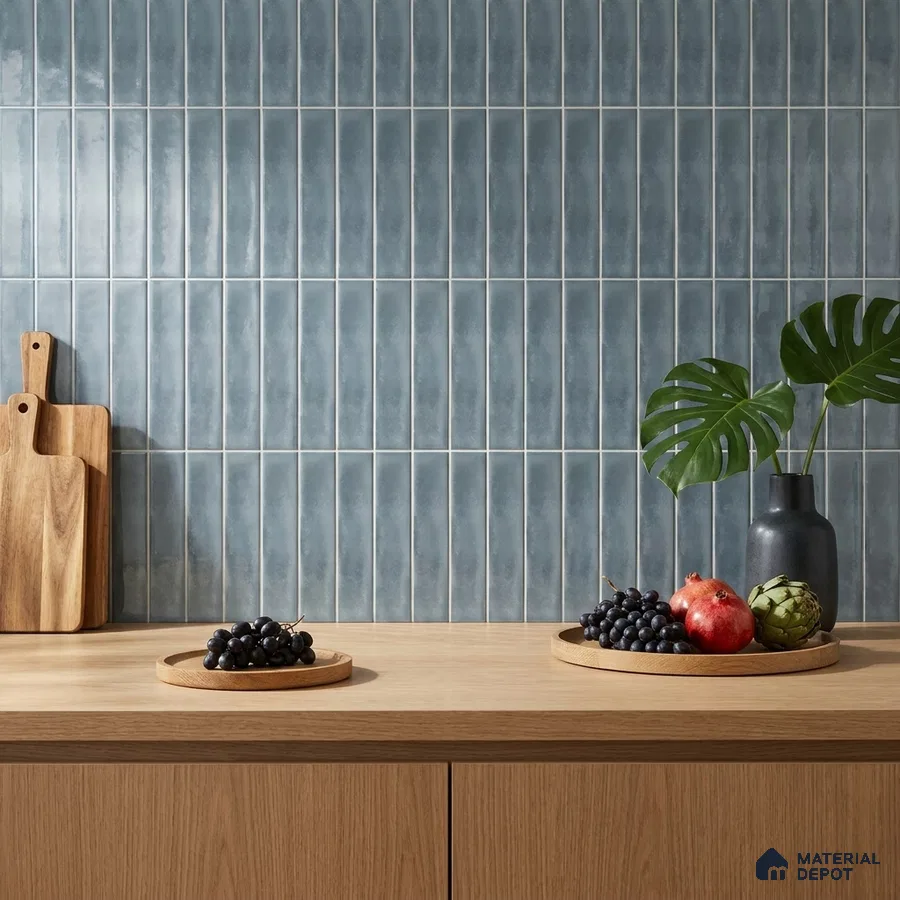 Modern Kitchen with Slate Blue Subway Tile Backsplash and Oak Counter