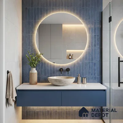 Modern Bathroom with Navy Blue Subway Tile and Round Backlit Mirror