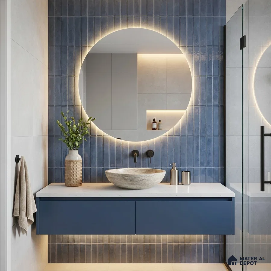 Modern Bathroom with Navy Blue Subway Tile and Round Backlit Mirror