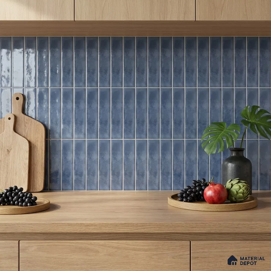 Modern Kitchen with Navy Blue Subway Tile Backsplash and Oak Cabinets