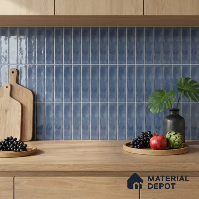 Modern Kitchen with Navy Blue Subway Tile Backsplash and Oak Cabinets