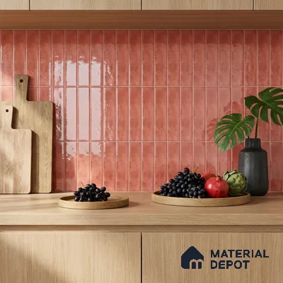 Modern Kitchen with Terracotta Subway Tile Backsplash and Oak Cabinets