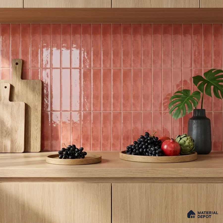 Modern Kitchen with Terracotta Subway Tile Backsplash and Oak Cabinets