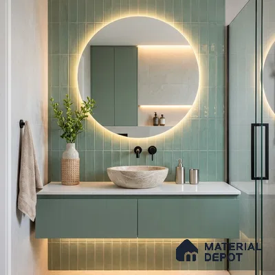 Modern Bathroom with Sage Green Subway Tile and Round Backlit Mirror