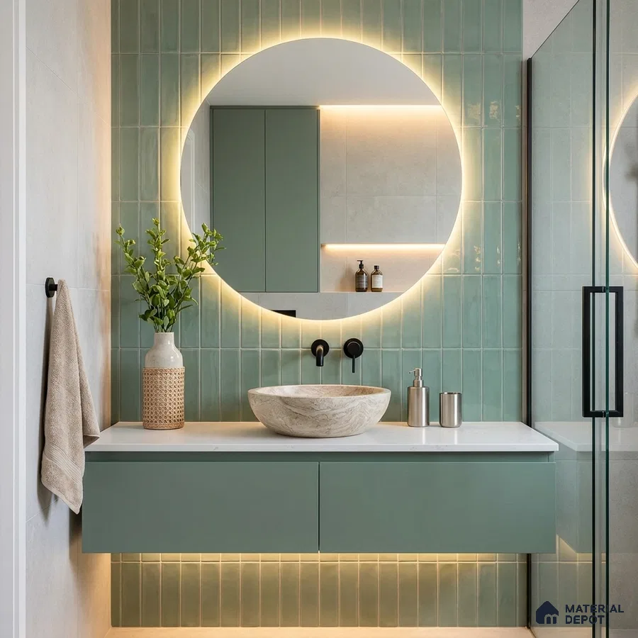 Modern Bathroom with Sage Green Subway Tile and Round Backlit Mirror