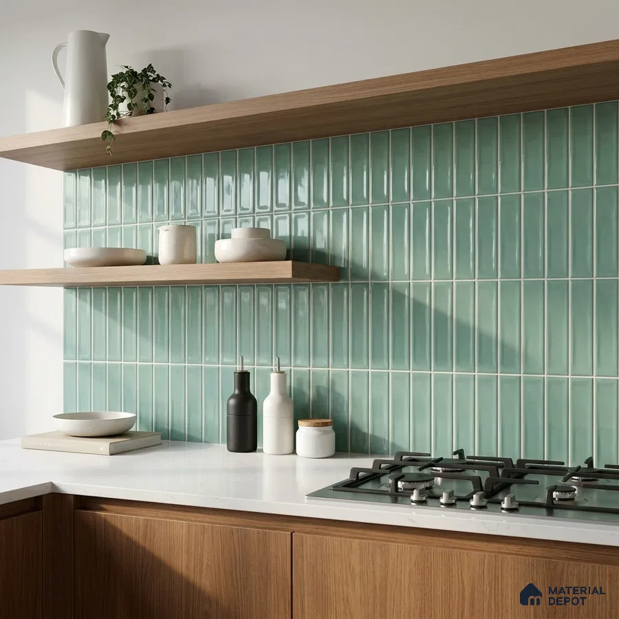 Modern Kitchen with Seafoam Green Subway Tile Backsplash and Walnut Cabinets