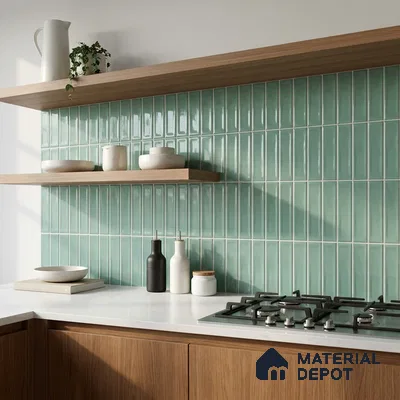Modern Kitchen with Seafoam Green Subway Tile Backsplash and Walnut Cabinets