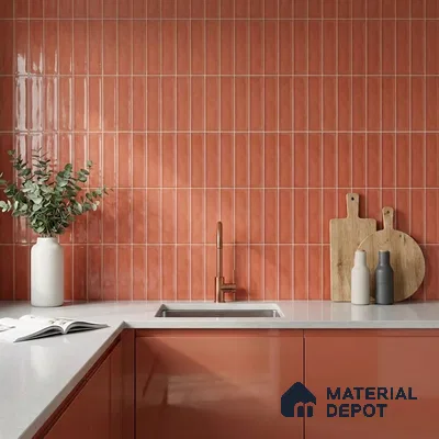 Modern Kitchen with Terracotta Subway Tile Backsplash and Glossy Cabinets