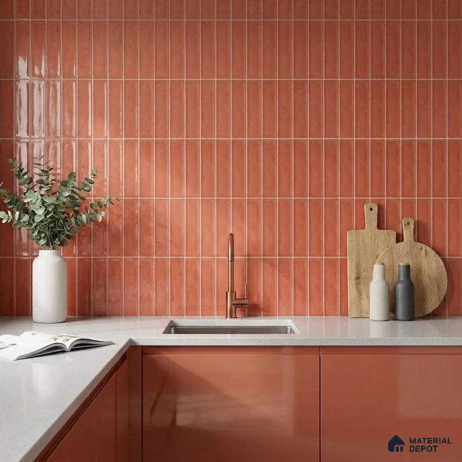 Modern Kitchen with Terracotta Subway Tile Backsplash and Glossy Cabinets