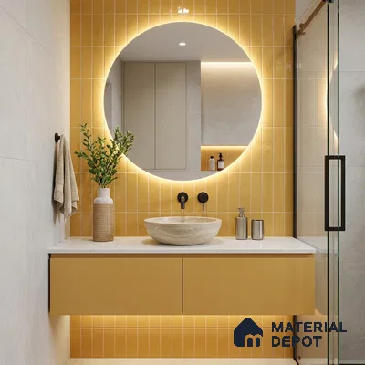 Modern Bathroom with Glossy Mustard Yellow Subway Tile and Round Backlit Mirror